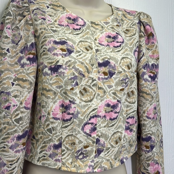 H&M - Purple & Pink Floral Cream Long Sleeve Crew Neck Crop Blouse Size Small - Picture 5 of 11